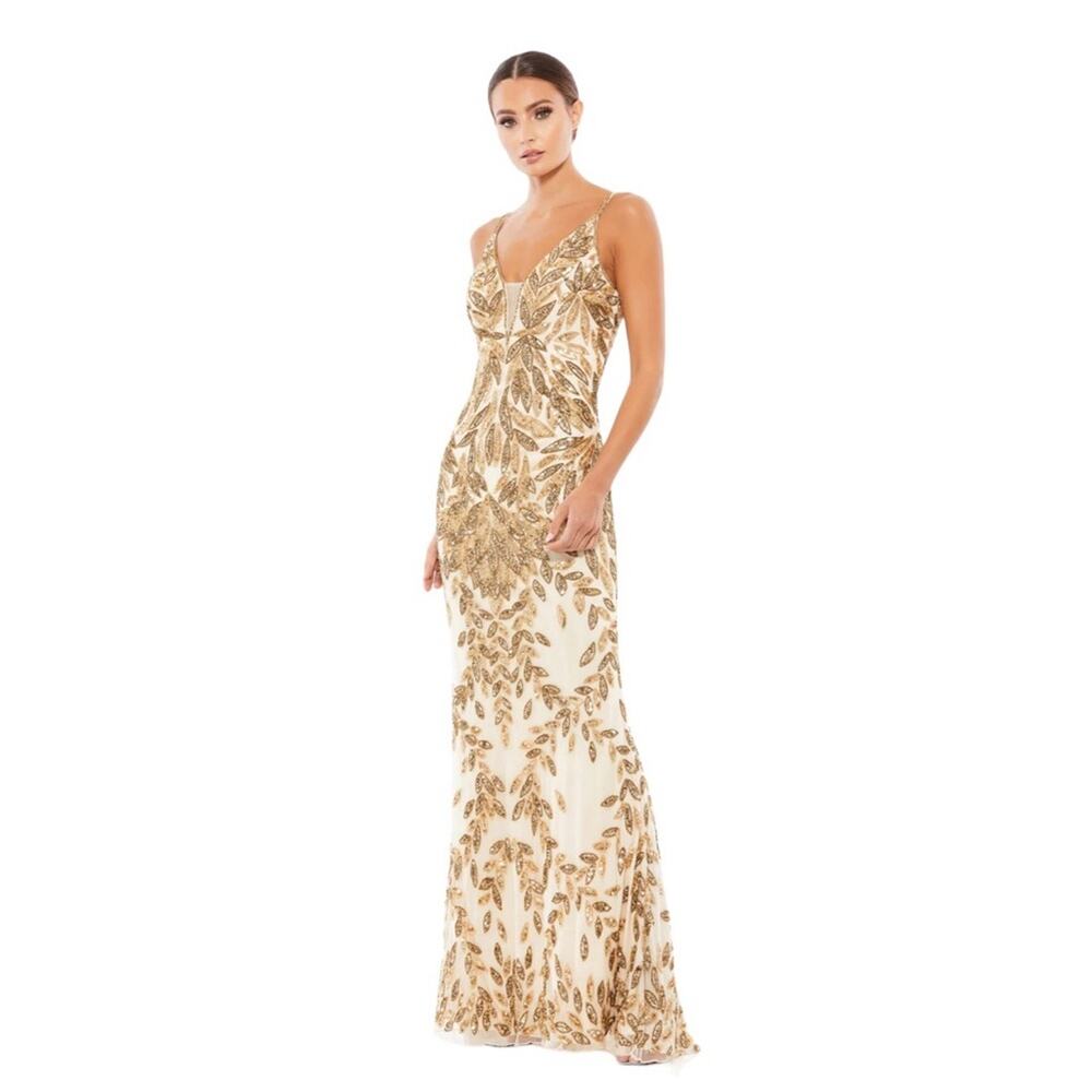 NWT MAC DUGGAL Nude Gold Beaded Embellished Leaf Evening Gown Women’s